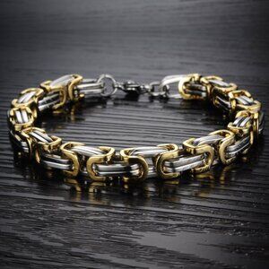 Men's 8mm Silver & Gold Mixed Metals Titanium Steel Link Bracelet NEW